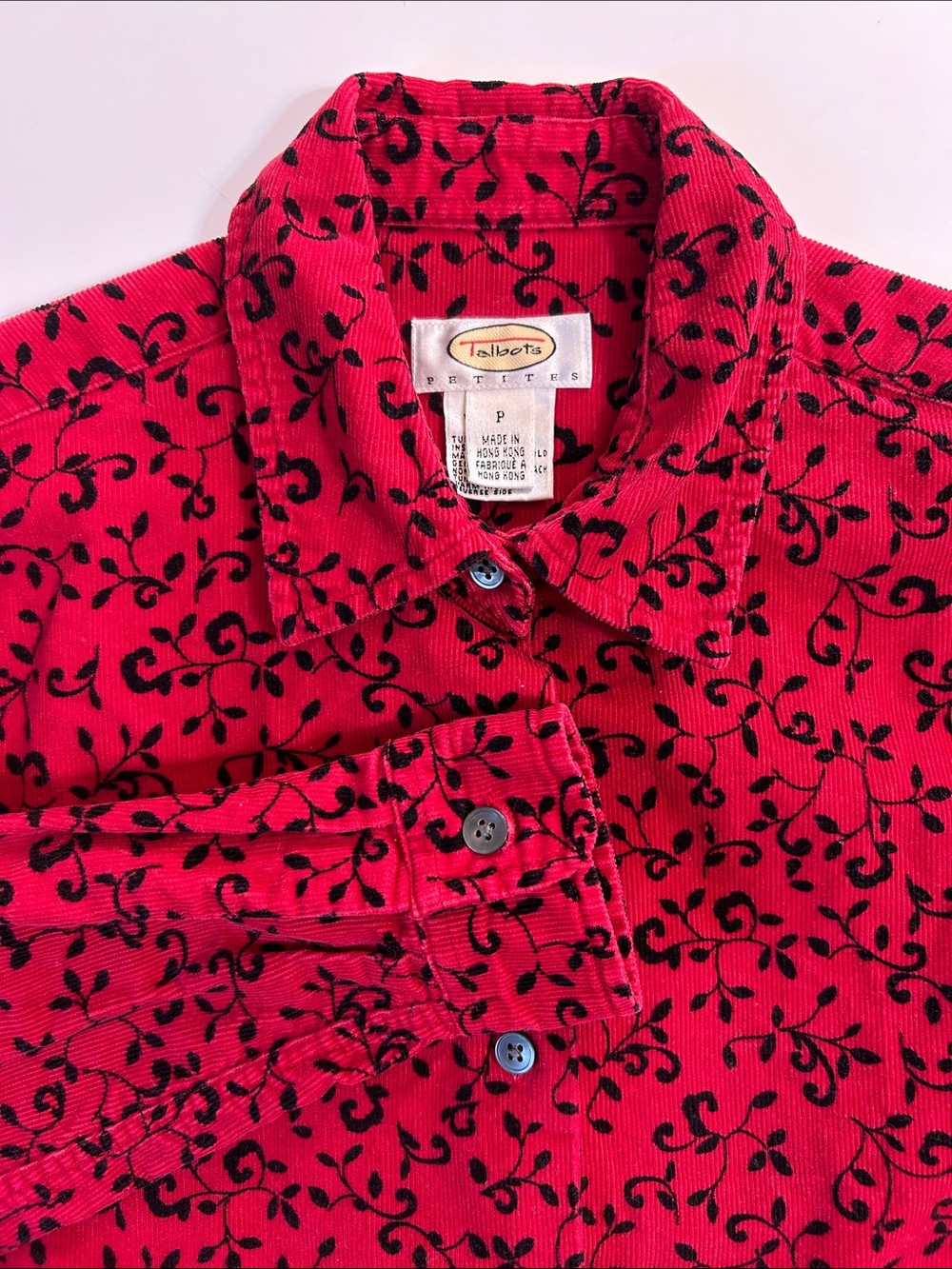 Talbots Red Button-Up corduroy Blouse shirt top Black Vine Print petite XSmall